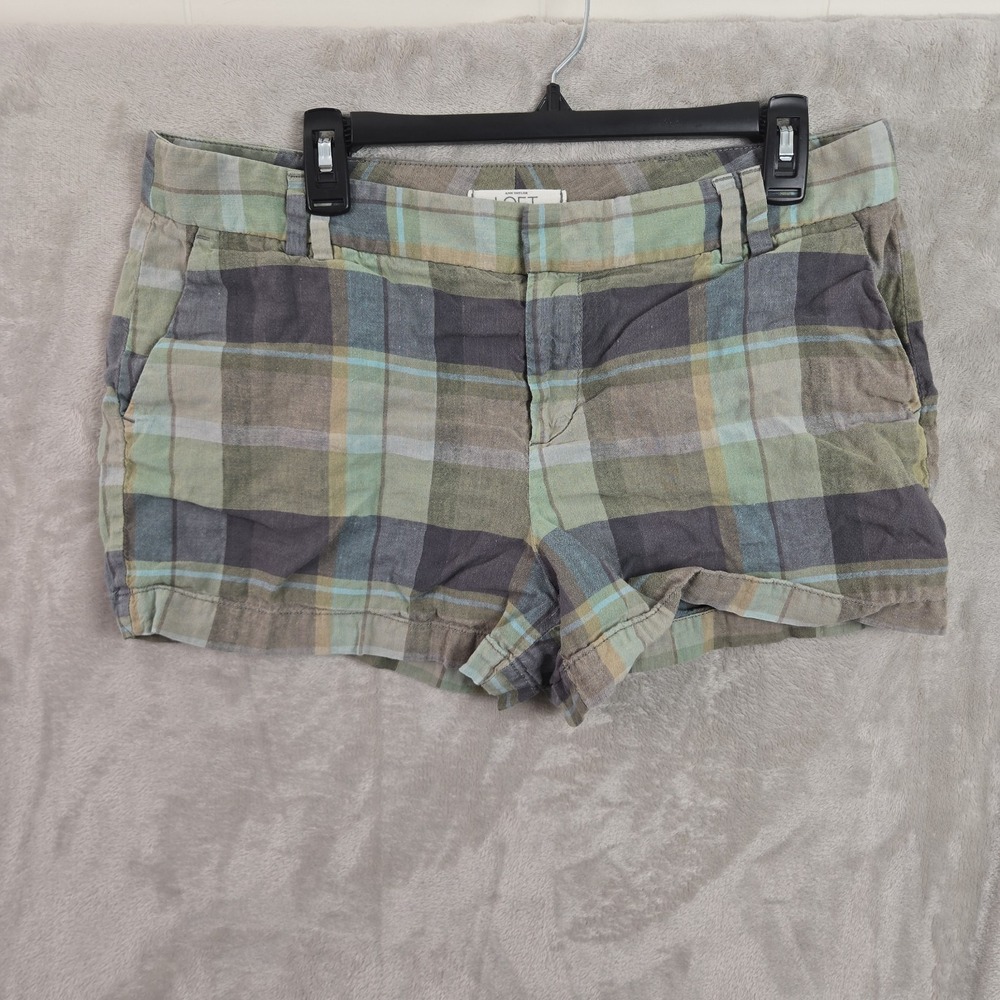 LOFT Ann Taylor Womens Plaid Chino Shorts Green Blue Size 12 Flat Front Linen